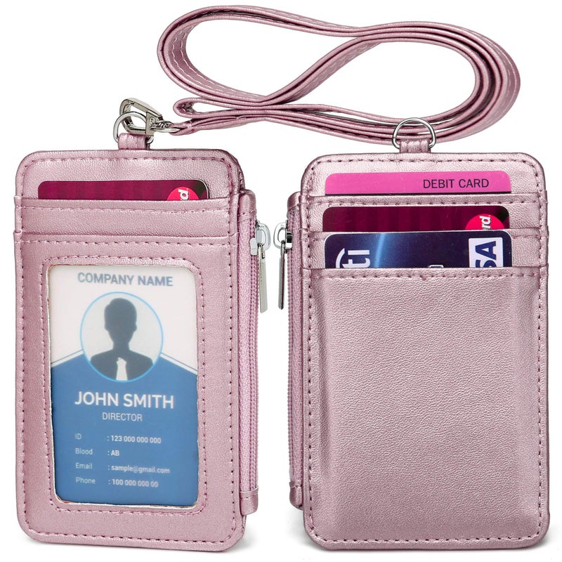 Leamekor ID Badge Holder with Neck Lanyard PU Leather ID Badge Wallet Case with 1 ID Window, 4 Card Slots, 1 Side Zipper Pocket - Image 1